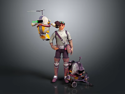 Adventurer Character With Goggles Backpack Gray Outfit Flying Yellow Green Creature And Wheeled Mechanical Creature 3d model