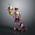 Adventurer Character With Goggles Backpack Gray Outfit Flying Yellow Green Creature And Wheeled Mechanical Creature