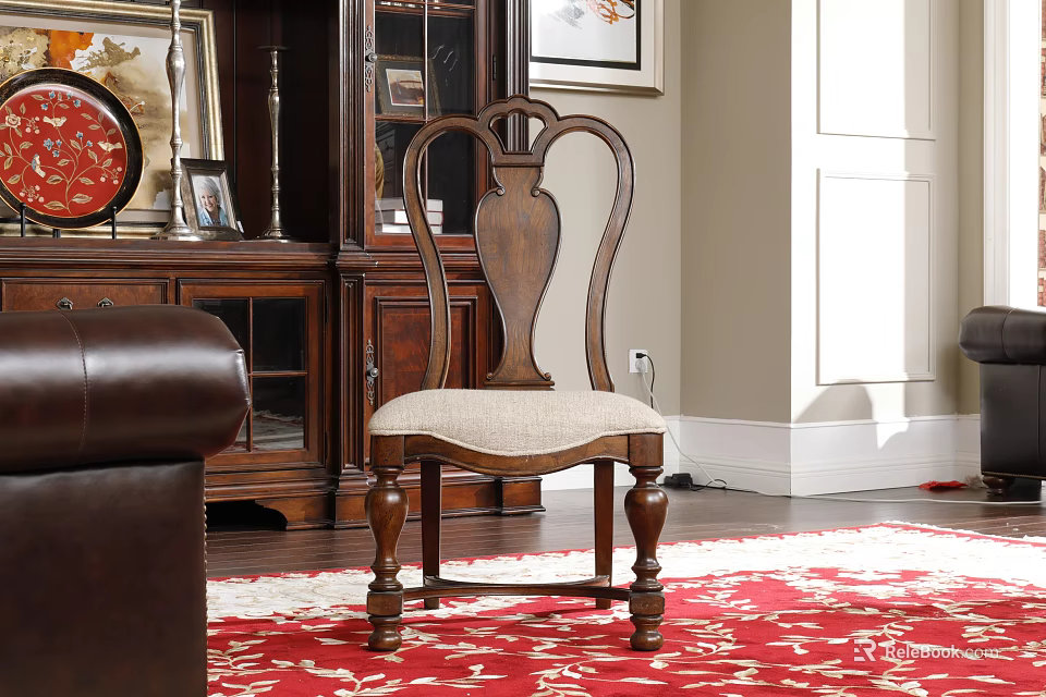 Wooden Dining Chair With Beige Fabric Seat And Carved Back In Mahogany Furniture Interior 3d model 