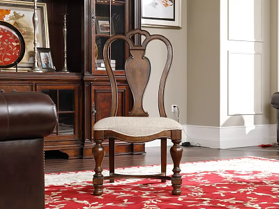 Wooden Dining Chair With Beige Fabric Seat And Carved Back In Mahogany Furniture Interior 3d model