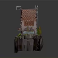 Scenic Floating Island Landscape Featuring Wooden House Red Roof Windmill And Green Trees