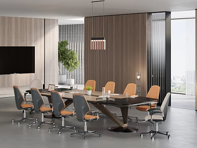Modern Conference Room With Wooden Paneling Large Table Orange Chairs Green Plant And TV Screen 3d model