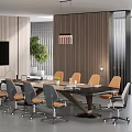 Modern Conference Room With Wooden Paneling Large Table Orange Chairs Green Plant And TV Screen