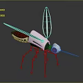 White Mechanical Insect With Red Eye Blue Wings Long Legs And Thin Proboscis