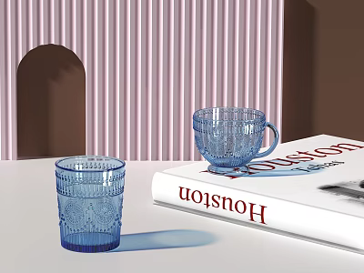 Two Blue Textured Cups on White Table and Houston Book with Pink Striped Wall 3d model
