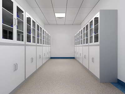 Modern Laboratory Interior With Glass Door Cabinets And Ceiling Lights 3d model