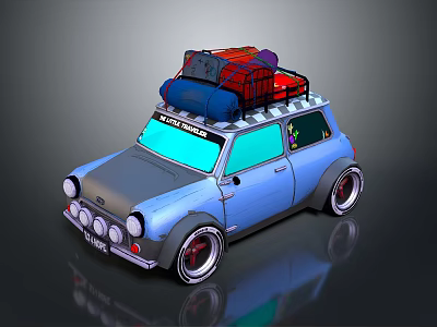 Blue Compact Car With Roof Rack Carrying Red And Blue Luggage Bags And Round Headlights 3d model