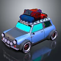 Blue Compact Car With Roof Rack Carrying Red And Blue Luggage Bags And Round Headlights
