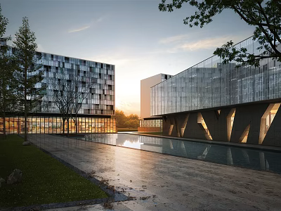 Modern Sales Office Building With Glass Curtain Walls And Water Pool Surroundings 3d model