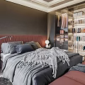 Modern Bedroom Interior With Red Headboard Black Bed Pink Bench And Glass Door Wardrobe