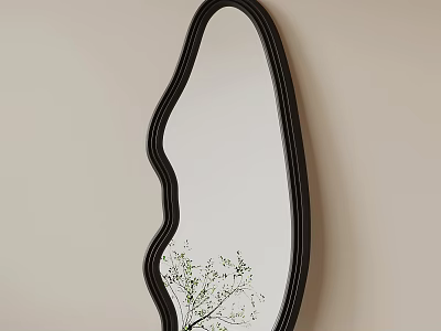Irregular Shaped Black Frame Mirror With Green Plant Reflection On Wall 3d model