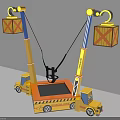 Yellow Truck Shaped Amusement Rides With Crane Arms Hanging Boxes And Black Seats