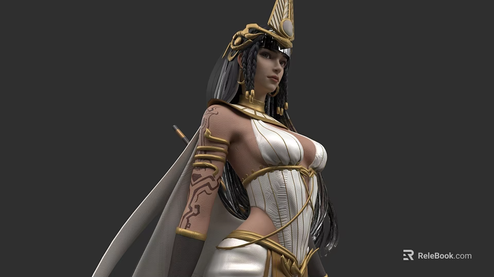 Egyptian Themed Game Movie Character With Golden Headdress White Outfit And Arm Tattoos 3d model 