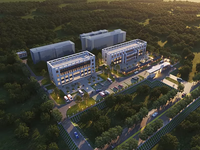 Aerial Planning of Modern Buildings with Greenery Roads Parking Areas and Trees 3d model