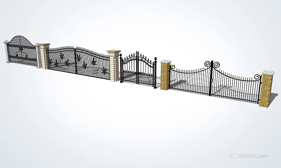 Decorative Wrought Iron Entrance Gate With Ornate Details Brick Support Pillars And Connecting Fence Panels 3d model 