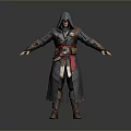A Man In Hooded Robe With Red Belt And Emblem Standing Arms Outstretched