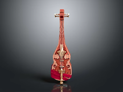 Traditional Red String Musical Instrument Featuring Intricate Carved Design And Fine Craftsmanship 3d model