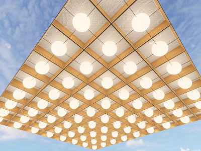 Modern Ceiling Design With Wooden Grid Structure And Round Lights Against Blue Sky 3d model