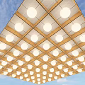 Modern Ceiling Design With Wooden Grid Structure And Round Lights Against Blue Sky 3d model