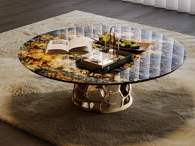 Modern Round Glass Top Coffee Table With Metal Base Open Book Fruit Tray 3d model