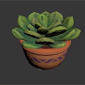 Succulent Plant With Green Plump Leaves In Orange Pot With Purple Geometric Patterns