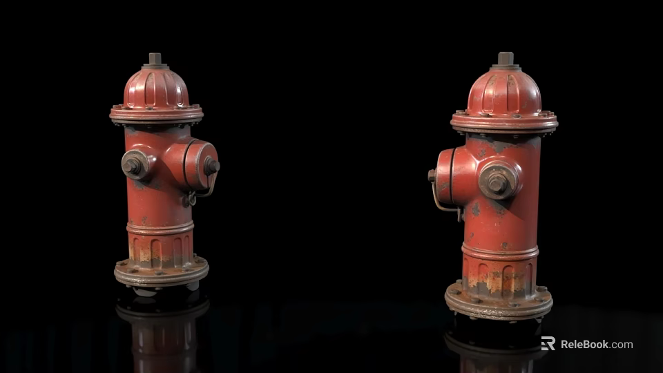 Two Red Vintage Fire Hydrants On Black Background With Reflection 3d model 