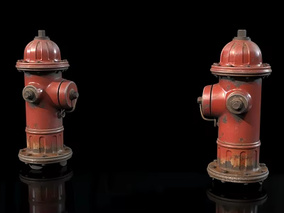 Two Red Vintage Fire Hydrants On Black Background With Reflection 3d model