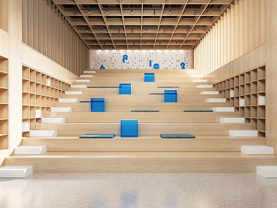 Book Art Themed Wooden Stepped Space Featuring Blue Cubes And Side Bookshelves 3d model