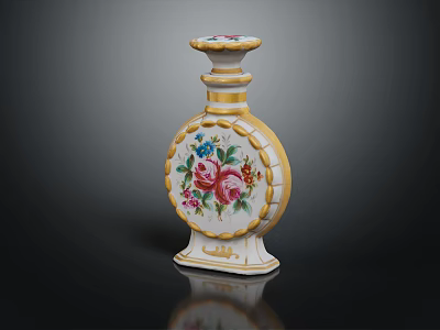 Ceramic Decorative Bottle With Gold Trim Floral Pattern And Pink Blue Flowers For Home Decor 3d model