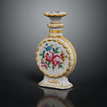 Ceramic Decorative Bottle With Gold Trim Floral Pattern And Pink Blue Flowers For Home Decor