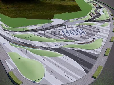 Park Landscape Design With Curved Pathways Green Lawns And Seating Areas 3d model