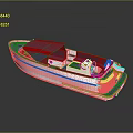 White and Blue Recreational Boat With Canopy Dashboard Seats And Red White Blue Flag