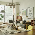 Modern Living Room Interior With Sofa Area Rug Chandelier Plants And Wall Art