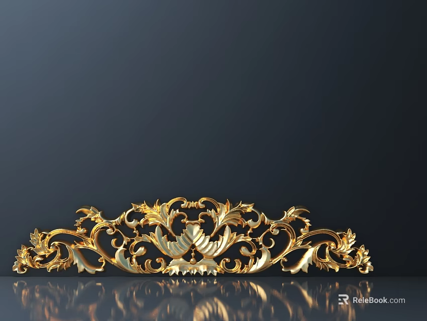 Golden Intricate Carving With Scroll Patterns Bird Motifs On Dark Background And Reflection 3d model