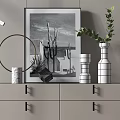 Modern Grey Console Cabinet Sideboard With Photo Frame Vase Green Plant And Floor Lamp
