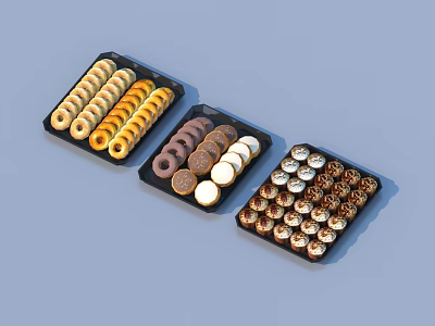 Delicious Assorted Donuts in Black Trays with Chocolate and Sprinkle Toppings 3d model