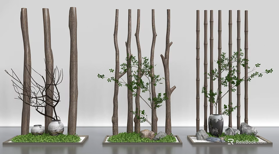 Natural Style Room Partition With Wooden Branches Bamboo Slats Green Plants And Decorative Stones 3d model 