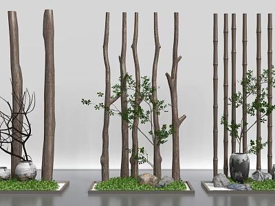 Natural Style Room Partition With Wooden Branches Bamboo Slats Green Plants And Decorative Stones 3d model