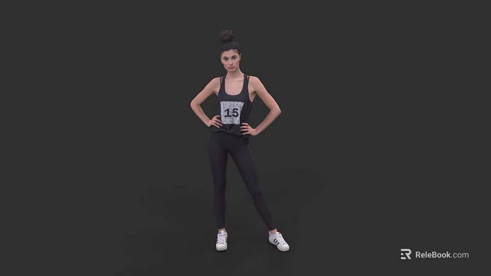Woman In Sportswear With Number 16 Tank Top And Leggings Hands On Hips 3d model 
