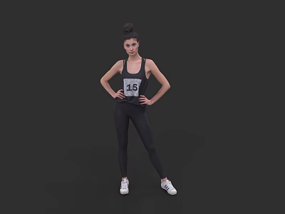 Woman In Sportswear With Number 16 Tank Top And Leggings Hands On Hips 3d model