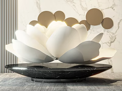 White Lotus Shaped Garden Ornament With Black Marble Base And Circular Elements 3d model
