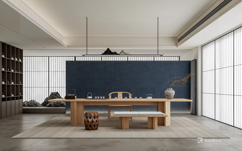 Minimalist Tea Room Interior With Long Wooden Table Dark Wall And Decorative Branch 3d model 