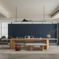 Minimalist Tea Room Interior With Long Wooden Table Dark Wall And Decorative Branch