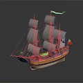 Detailed Model Sailboat Featuring Multiple Masts White Sails Red Flag And Wooden Hull