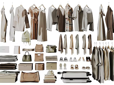Various Fashionable Clothes With Hanging Hangers Bags Shoes And Scarves 3d model