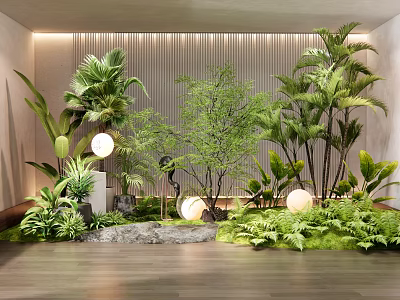 Indoor Plant Combination Featuring Palms Ferns Small Trees Stone And Round Lights 3d model