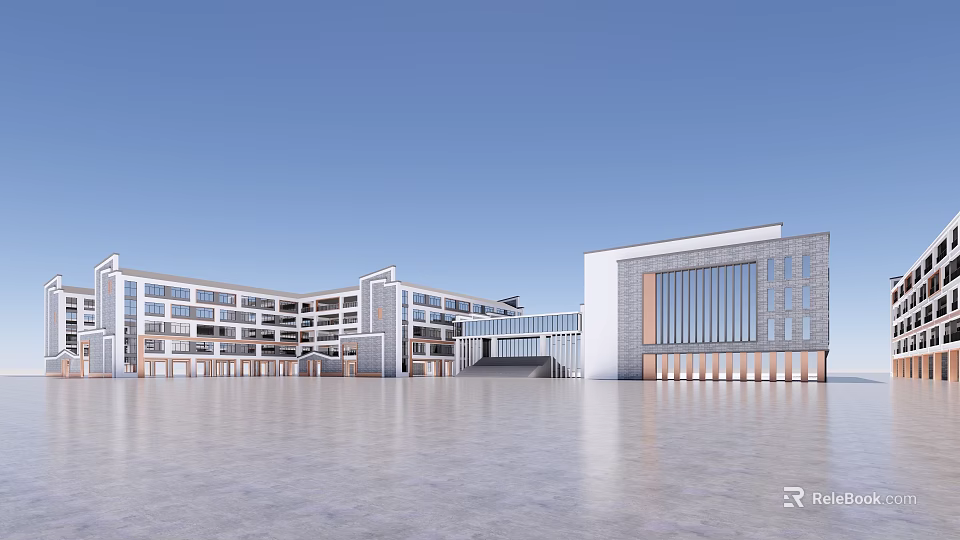Modern School Building Complex With Multistory Structure And Glass Facades In Open Square 3d model