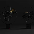 Decorative Ornament Set With Circular Black Frame Bamboo Leaves And Golden Insects