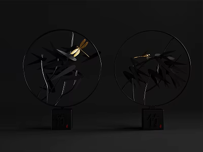 Decorative Ornament Set With Circular Black Frame Bamboo Leaves And Golden Insects 3d model