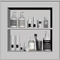 Modern Bathroom Accessories Organized On Shelf With Bottles And Toothbrush Holder